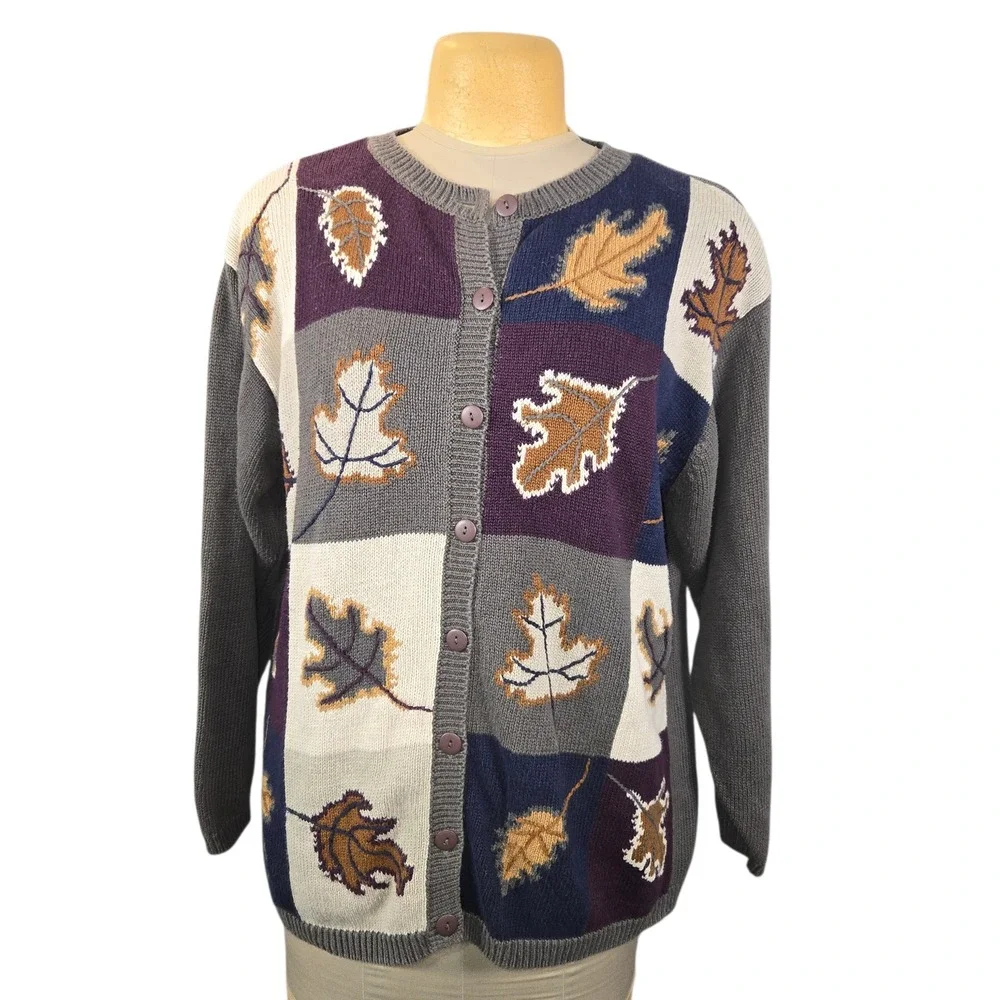 Chrysantheme Woman Leaf Patchwork Cardigan Sweater Grey 14/16 Earthy Art to Wear